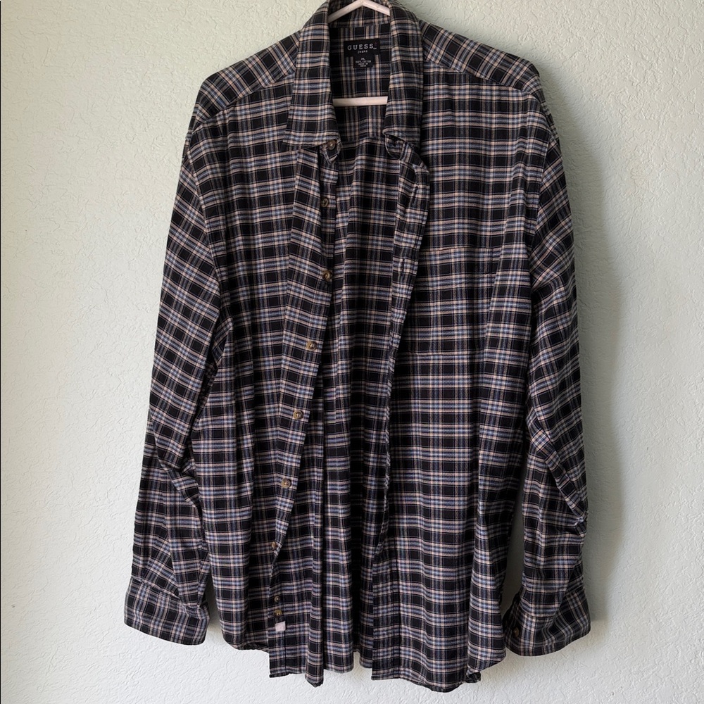 Guess Men’s Black and White Plaid Button-Up Shirt